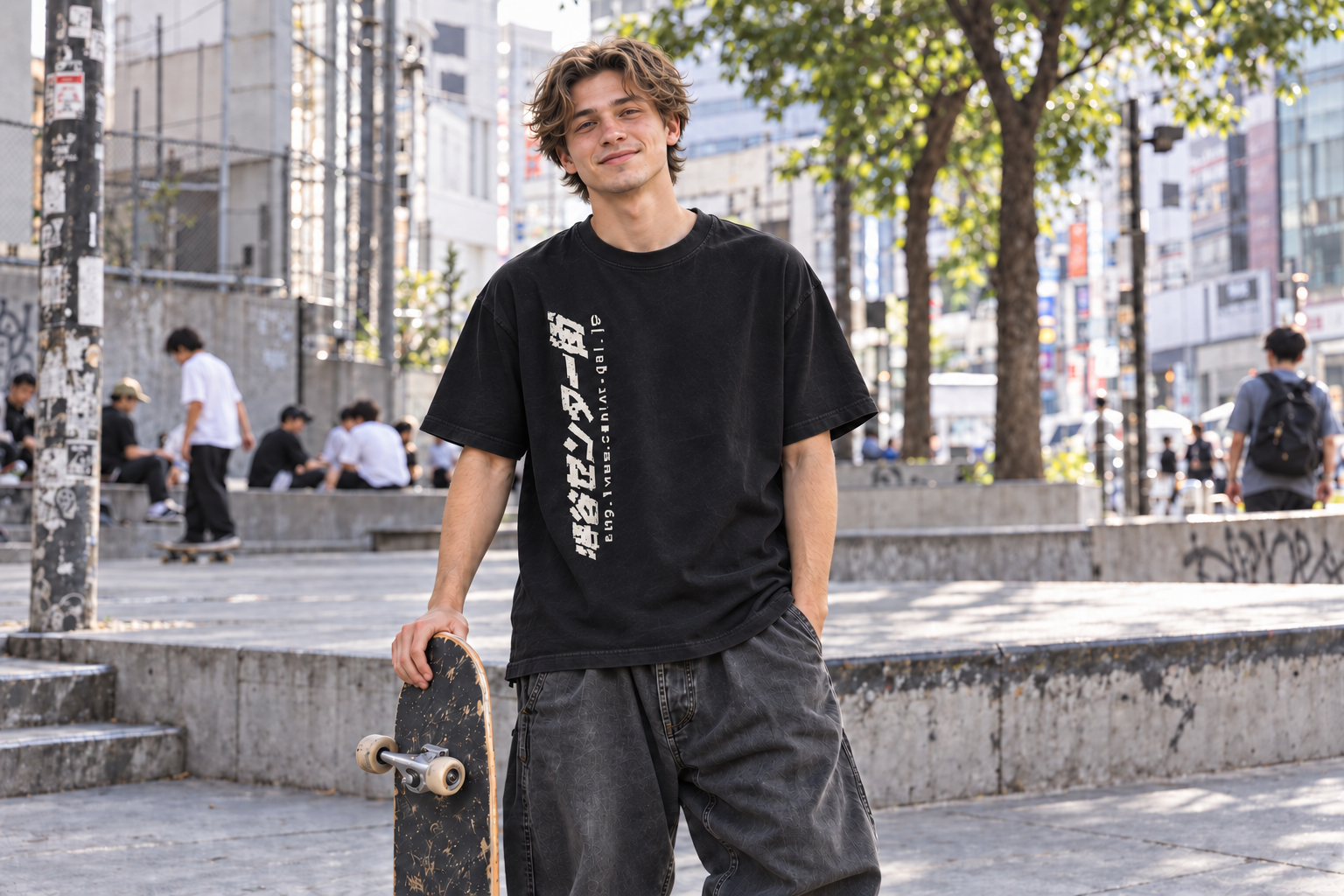 センター街の縦ロゴTシャツを着たスケーター