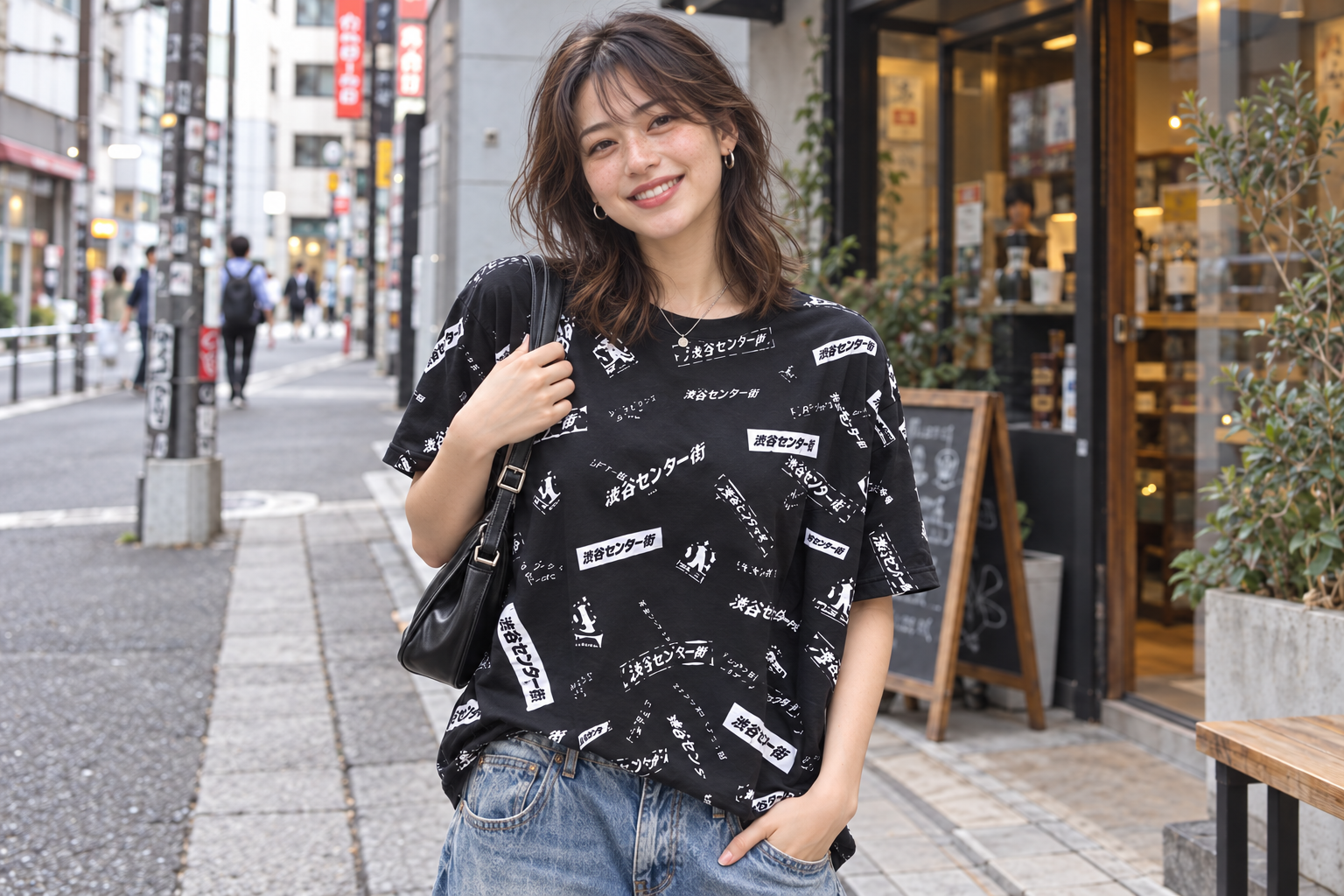センター街ロゴTシャツを着た若いモデルのスタイリング