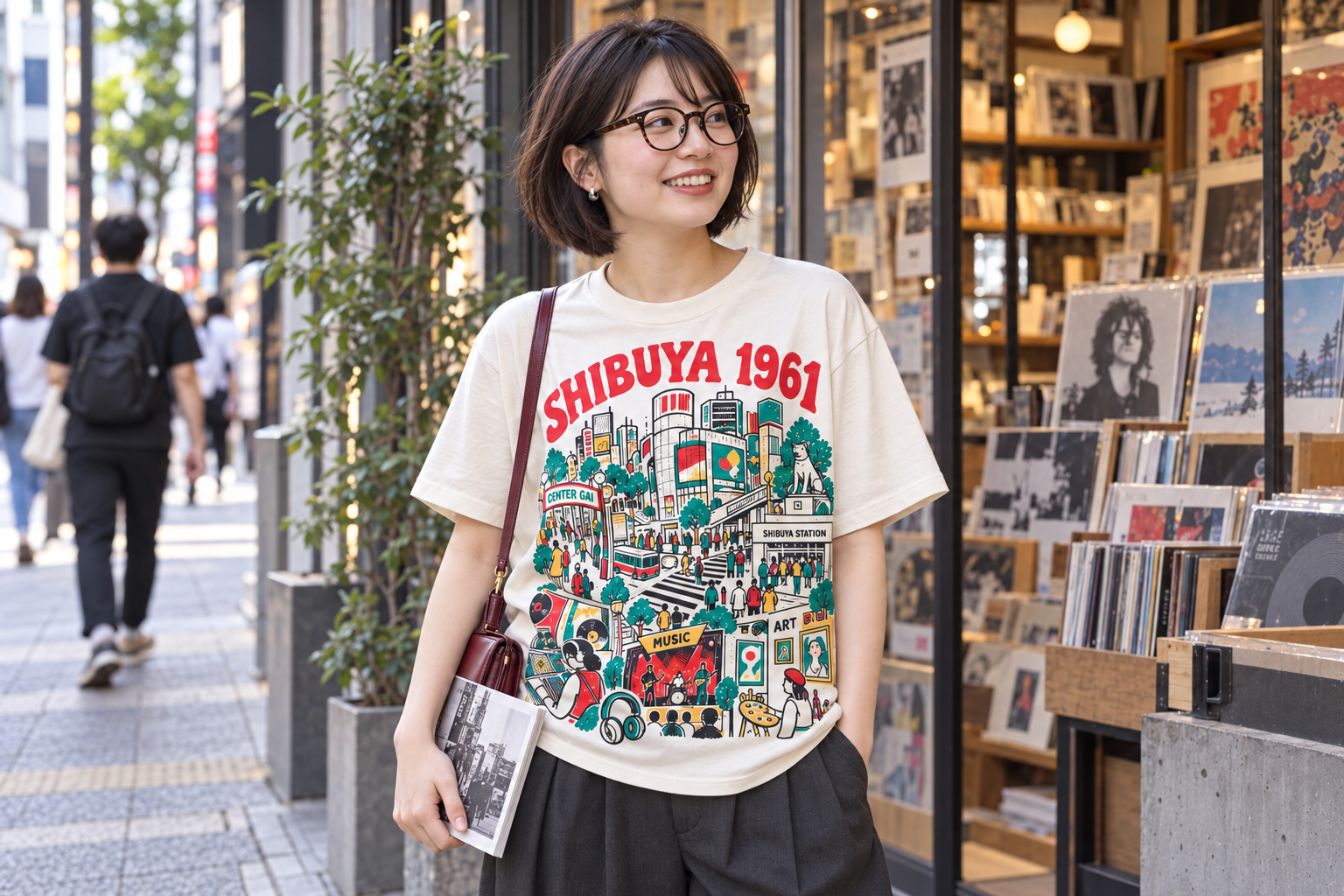 アイボリーの渋谷カルチャー柄Tシャツを着た女性モデル