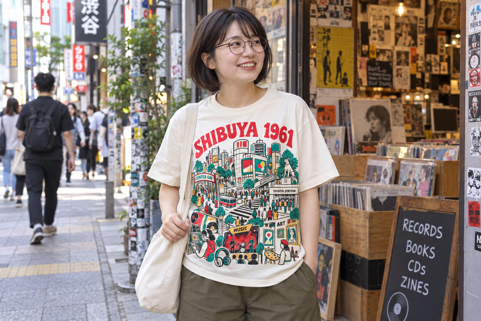 アイボリーのSHIBUYA1961街柄Tシャツを着たモデル