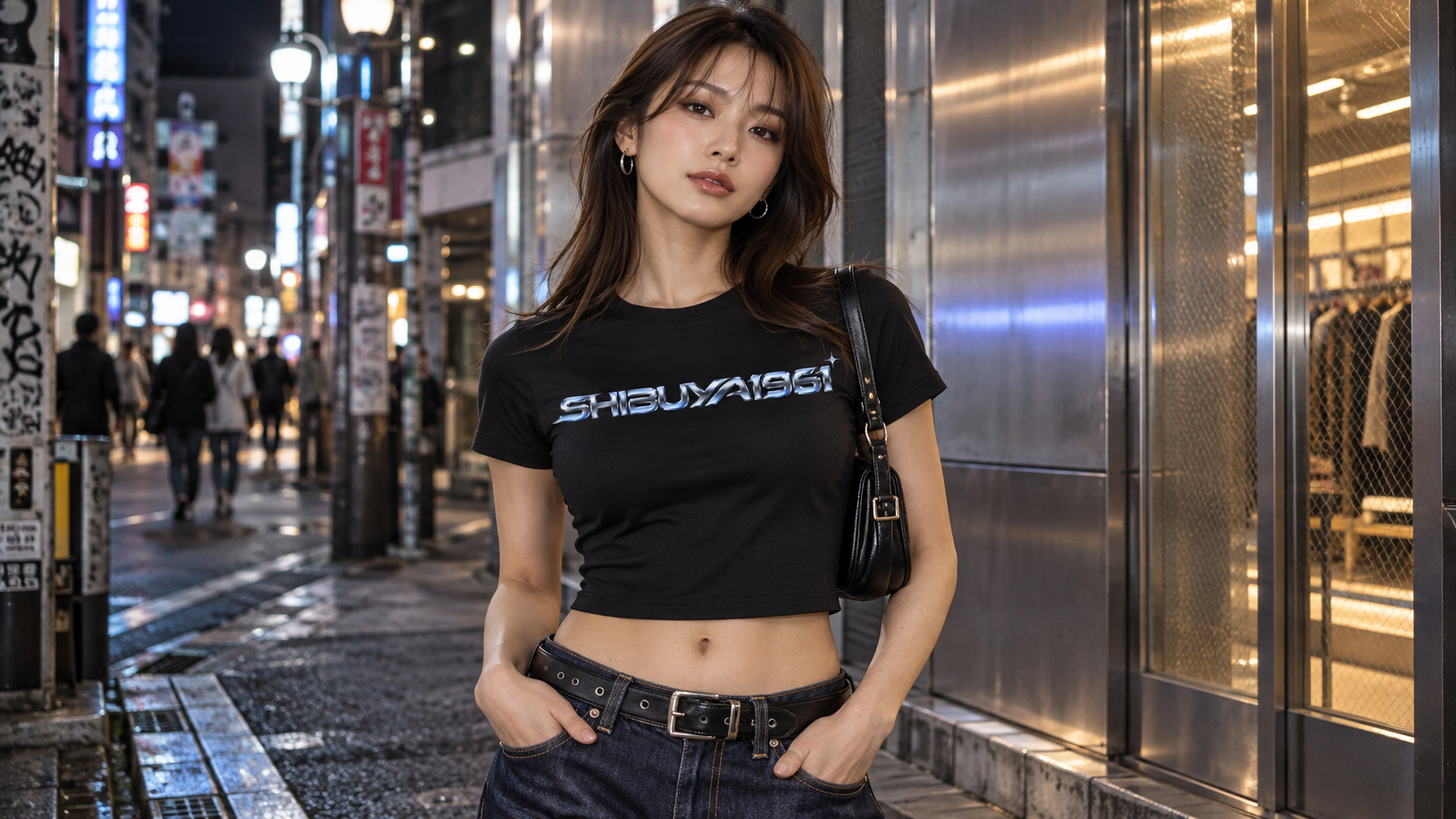 クロームロゴの黒Tシャツを着た女性のY2Kスタイリング