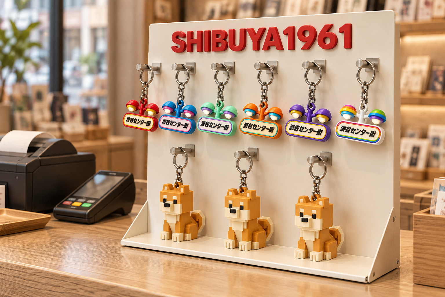 キーチェーンを並べたレジ横の店頭什器イメージ