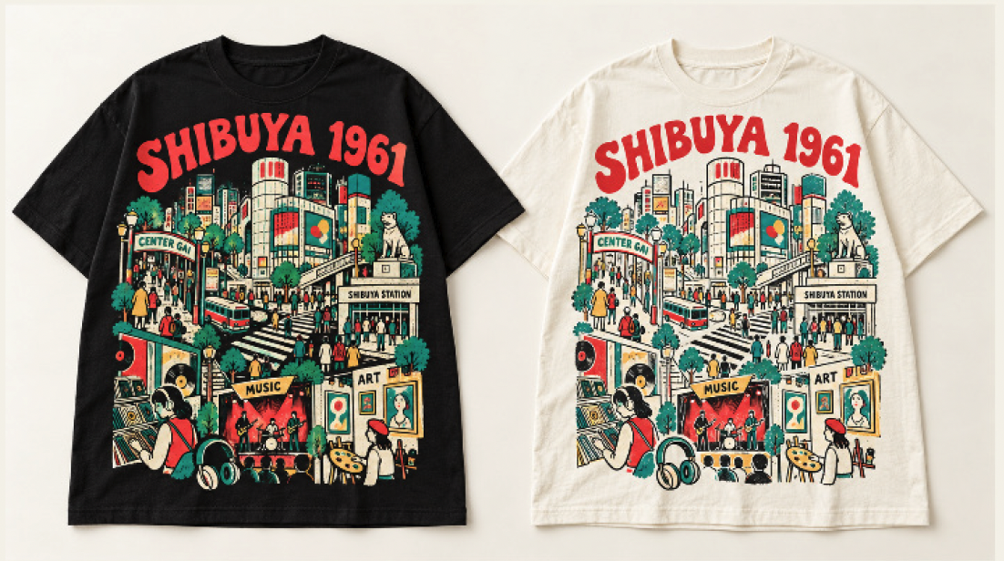 渋谷の街並みと音楽・アートを描いたTシャツ